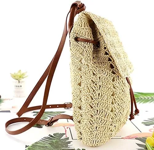 Miniatura 3 de Mochila tejida hecha a mano de paja mediana para mujer, con solapa, con cordón, bolsa de playa, Beige, Mochilas Daypack