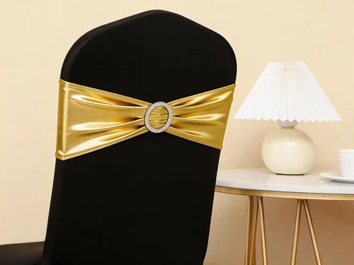 Miniatura 6 de Bandas para silla de elastano metálico dorado para boda, paquete de 100 bandas para silla con hebilla, lazos dorados para sillas doradas, lazos