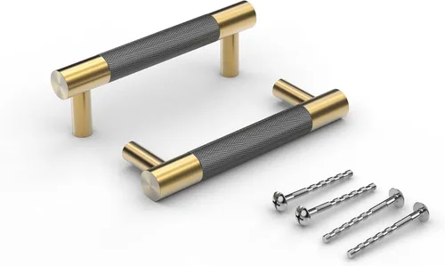 Tirador de manija de gabinete de barra con acabado dorado satinado cepillado en latón con acabado galvanizado gris oscuro de 4.6 pulgadas (3.78