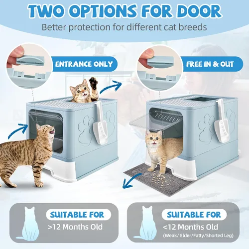 Miniatura 4 de Caja de arena cubierta para gatos con alfombrilla de arena, plegable, extra grande, puerta ajustable de doble entrada, diseño de cajón, caja de Azul