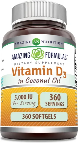 Miniatura 7 de Amazing Formulas Vitamina D3 con suplemento de aceite de coco 5000 UI por porción 180 cápsulas blandas Sin OMG Sin gluten Fabricado