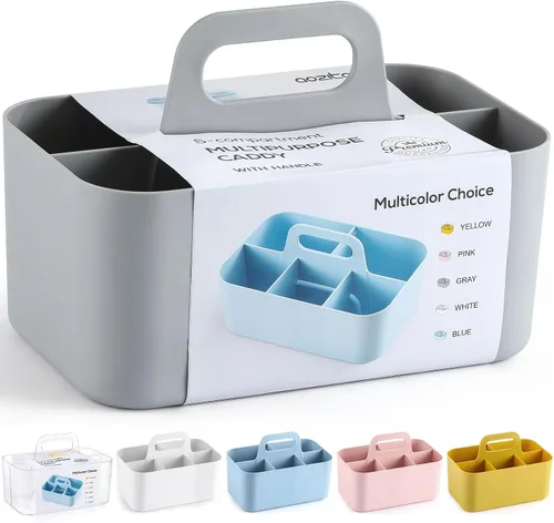 Organizador Caddy Multiusos con Asa - Contenedor de Plástico Apilable Tote - Suministros de Arte y Manualidades, Oficina, Escritorio, Papelería, Gris