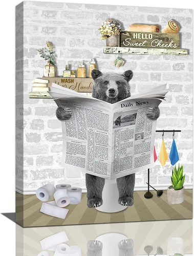 Fuzawet Arte de pared de oso para decoración de baño, lienzo de lectura de periódico, negro en el inodoro, imágenes divertidas de animales para