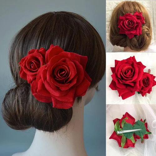 Peines de pelo de flores, flor de rosa, bohemia, horquilla, disfraz de novia, decoración de pelo para fiesta, boda, rojo (1 unidad)