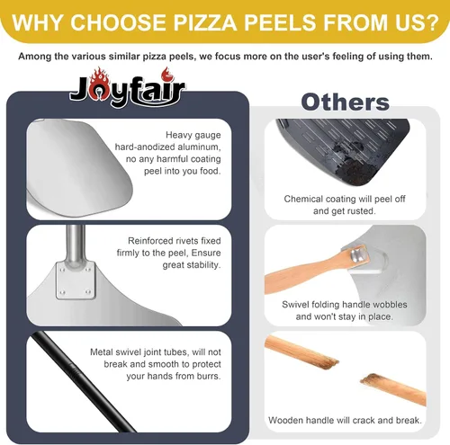 Miniatura 6 de Joyfair - Espátula de aluminio para pizzas (12 pulgadas), pala de pizza de metal con mango largo y cortador, juego de herramientas de torneado