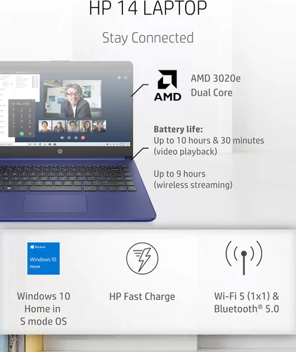 Miniatura 2 de HP Computadora portátil 14, AMD 3020e, 4 GB de RAM, 64 GB de almacenamiento eMMC, pantalla táctil HD de 14 pulgadas, Windows 10 Home en modo S