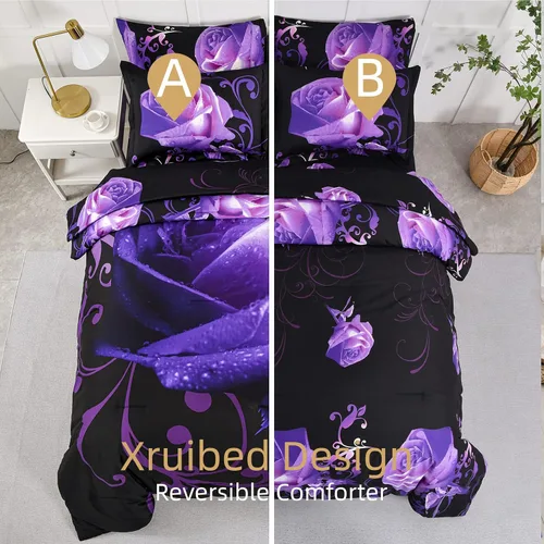 Miniatura 2 de Xruibed Juego de edredón floral tamaño King de 7 piezas en una bolsa, edredón de flores de rosas moradas con juego de sábanas de microfibra suave