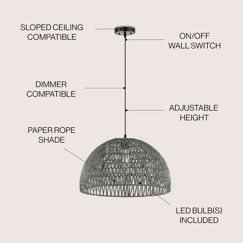 Miniatura 2 de JONATHAN Y Lámpara colgante LED de cuerda tejida bohemia moderna gris de 20 pulgadas, lámpara de techo de cúpula ajustable para isla de cocina
