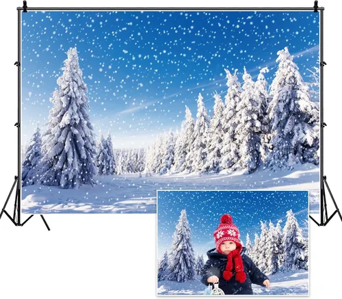 Miniatura 7 de Renaiss Telón de fondo de paisaje de nieve de invierno de 5 x 3 pies, montañas nevadas, pinos cubiertos de bosque, campo de nieve, paisaje natural