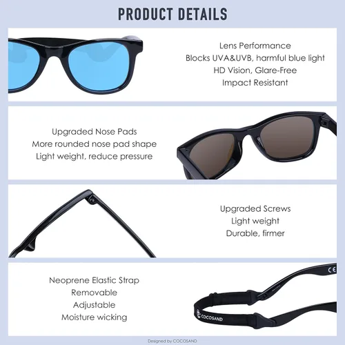 Miniatura 6 de COCOSAND Gafas de sol para niños pequeños con correa flexible TPE marco cuadrado protección UV400 para niños niñas y niños de 2 a 6 años