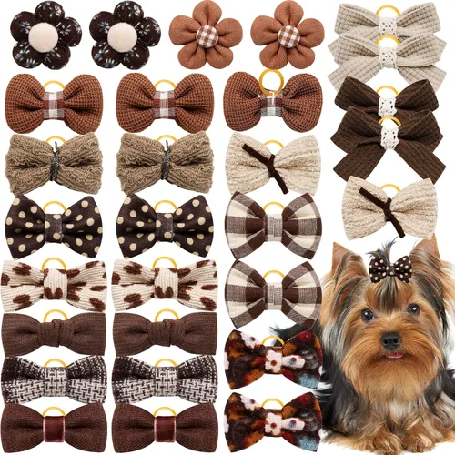 Miniatura 11 de 20 piezas de lazos pequeños de color rosa claro para el pelo de perros con bandas de goma, moño de bola de flores con nudo superior para accesorios