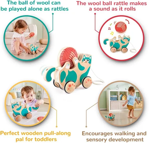 Miniatura 2 de Hape Juguete de madera Walk-A-Long para gatito, juguete de tirar y sonajero para niños pequeños, juguetes Montessori para caminar niños pequeños
