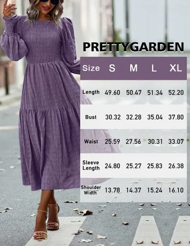 Miniatura 6 de PRETTYGARDEN Women 2024 Puff Long Sleeve Crewneck Smocked Maxi Dress Solid Empire Waist Tiered A-line Swing Flowy Long Dress