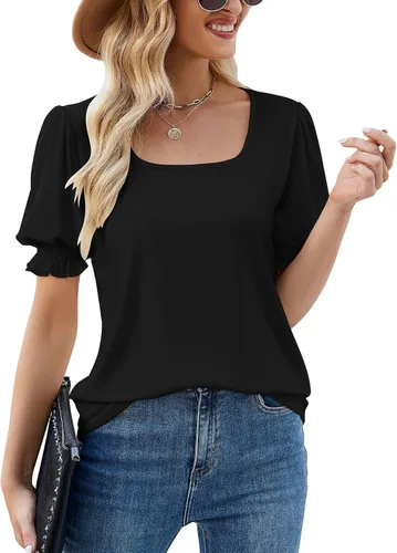 LUYAA Camisetas de verano para mujer, cuello cuadrado, manga abombada, manga corta, suave, ajuste holgado, blusa tipo túnica