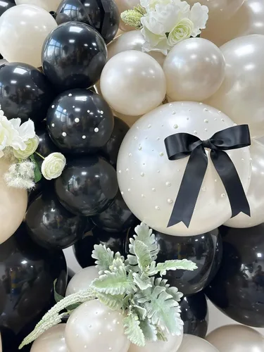 Kit de arco de globos de 185 piezas negros y de arena de perlas doble relleno con lazos y perlas de imitación, globos negros y blancos para