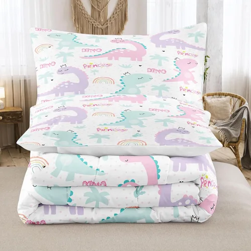 Miniatura 3 de NINENINE Juego de ropa de cama individual para niñas, juego de edredón de dinosaurio, juego de ropa de cama de princesa, juegos de edredón