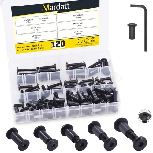 120 piezas de 5 tamaños M6x16mm/0.787 in/0.984 in/1.181 in/1.378 in, Kit surtido de pernos hexagonales negros y tuercas de barril, pernos de cuna,