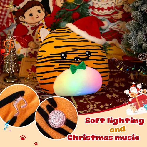 Miniatura 5 de Almohada de felpa de tigre de Navidad iluminada de 12 pulgadas, con animales de peluche de tigres musicales con luz LED nocturna, decoración