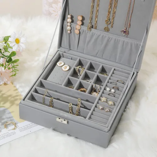 Miniatura 6 de misaya - Joyero organizador de 2 capas grande con cerradura para joyería para aretes anillos y collares