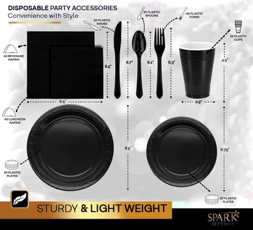 Miniatura 4 de Juego de suministros negros para fiestas, platos de papel, vasos de plástico, tenedores, cuchillos, cucharas, servilletas, mantel para 20 invitados
