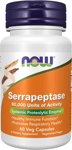 NOW Foods Suplementos, Serrapeptasa 60,000 Unidades de Actividad, Promueve la Salud Respiratoria y la Función Inmune*, 60 Cápsulas Vegetales