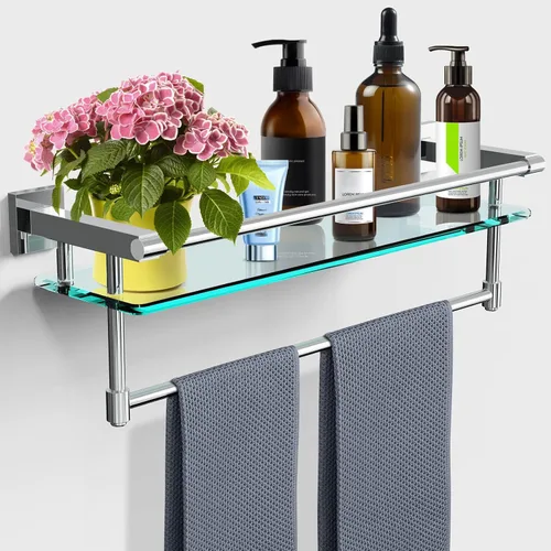 Miniatura 9 de Estante de baño de vidrio con barra para toallas, barra para toallas de acero inoxidable templado/estantes de baño de vidrio templado con riel