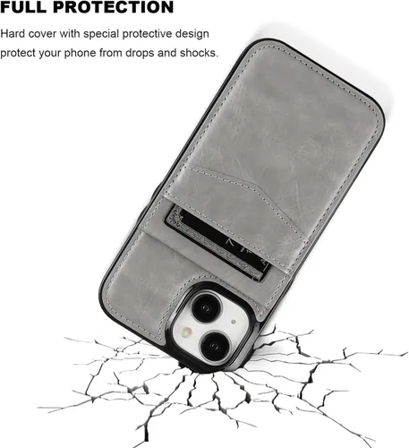 Miniatura 6 de KIHUWEY Funda compatible con iPhone 15 con soporte para tarjeta de crédito, cierre magnético de cuero de alta calidad, función atril, funda Gris