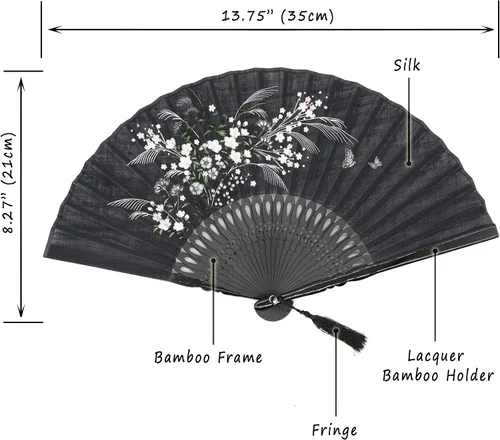 Miniatura 2 de OMyTea, abanico desplegable con motivo de flores de yuyos (8.27 pulgadas - 21 centímetros) con funda de tela para protección, estilo chino/japonés