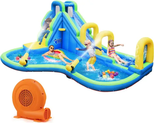 Miniatura 11 de KOTEK Tobogán acuático inflable, parque acuático gigante 5 en 1, casa hinchable para niños al aire libre con piscina salpicada, tobogán/arco