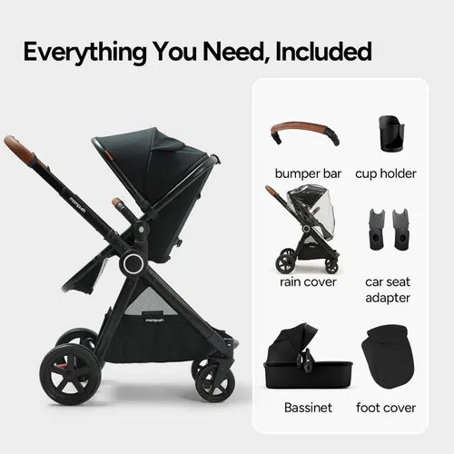 Miniatura 9 de Mompush cochecito estándar de tamaño completo, plegable en un solo paso, asiento con orientación delantera o trasera para niños, cesta de fácil Negro