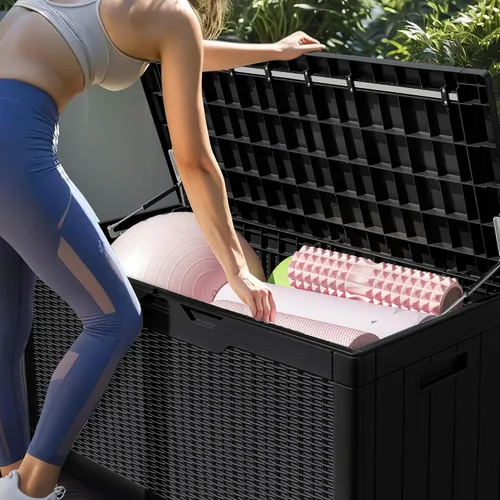 Miniatura 6 de GUNJI Caja de resina de 100 galones con cojín, caja de almacenamiento grande resistente a la intemperie al aire libre, contenedor de almacenamiento