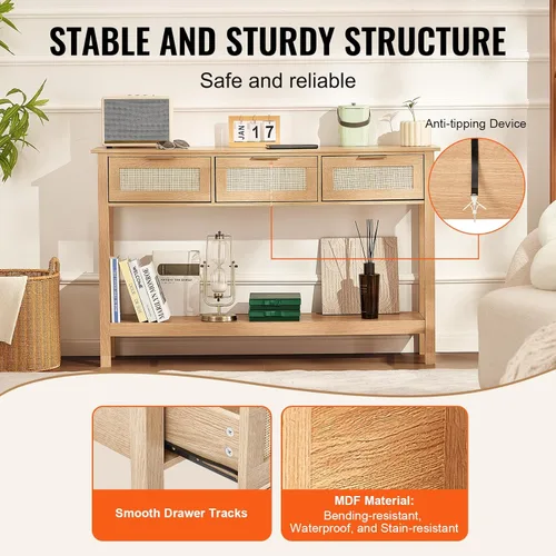 Miniatura 6 de Mesa consola de ratán VEVOR, mesa de entrada con 3 cajones de almacenamiento, mesa de pasillo con puerta corrediza de ratán natural, mesa consola