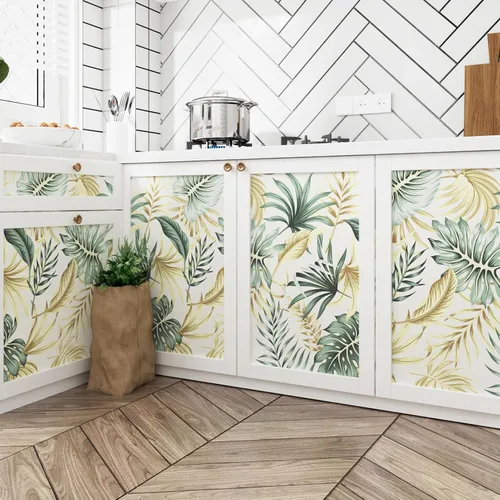Miniatura 3 de WESTICK Papel tapiz dorado tropical para despegar y pegar para baño, papel de contacto tropical impermeable, papel tapiz floral para dormitorio, 3.