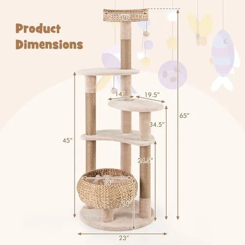 Miniatura 3 de Tangkula Árbol moderno para gatos, torre para gatos de 65 pulgadas de alto con postes rascadores de yute, bolas colgantes, cesta de espadaña