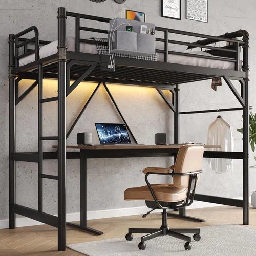 Cama tipo loft de tamaño individual con luces LED y estación de carga, marco de cama industrial de metal resistente con escalera y barandilla para