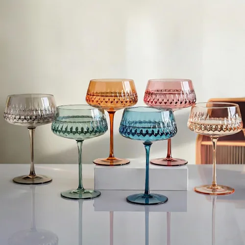 JOVGANK Juego de 6 vasos de cóctel coloridos soplados a mano de 14 onzas, copa de champán vintage, margarita grande, barra de cristal retro,