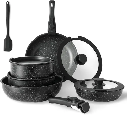 Miniatura 8 de Simple Deluxe Juego de 12 ollas y sartenes antiadherentes, utensilios de cocina de inducción de granito blanco con mango desmontable, apto para Beige