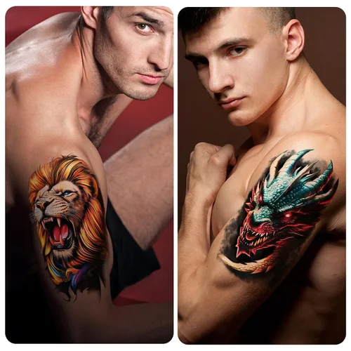 Miniatura 6 de 77 hojas de tatuajes temporales 3D para hombres y mujeres, diseño de león, tigre, dragón, araña, escorpión, serpiente, medusa, rosa, para cuello