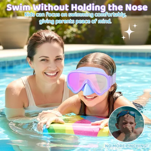 Miniatura 7 de Vvinca Kids-Goggles with Nose Cover, Diving Mask Elastic Fabric Strap Anti Fog Anti Shattered Lens for Kids Swim Goggles 3-14