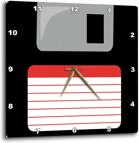 3dRose Retro 90s Negro Disquete Diseño Gráfico con etiqueta roja-1990s-noventa Computer tech-Wall Clock, 13 pulgadas (DPP_57457_2)