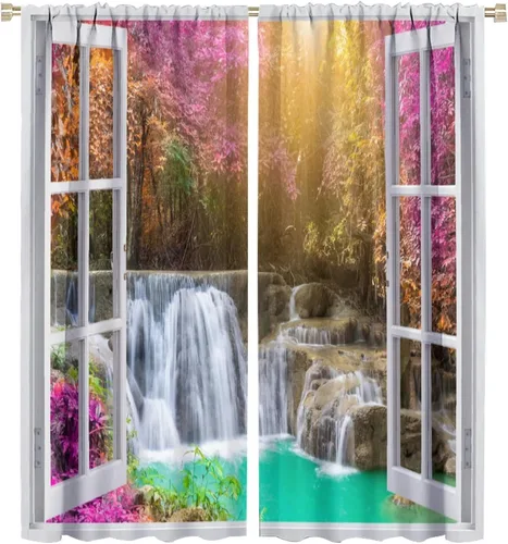 Miniatura 43 de Cortinas de paisaje, ventana tropical con vista al mar, océano, playa, barco, cortinas con estampado de palmeras para dormitorio, sala de estar, Mar