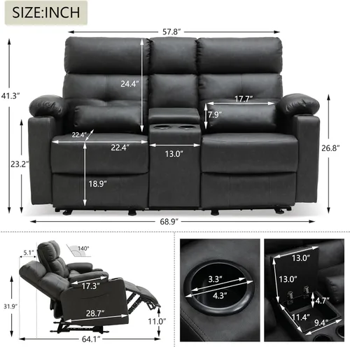 Miniatura 2 de Sofá Biplaza Reclinable Eléctrico con Consola, Sofá Biplaza Reclinable Eléctrico con Calor y Masaje, Reposapiés Extendido, Sofá Biplaza Reclinable