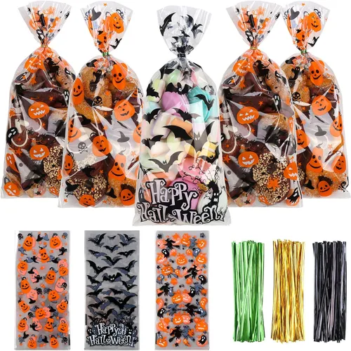 LOKIPA Bolsas de celofán para dulces de Halloween, 150 piezas, bolsas de regalo con lazos giratorios para suministros de fiesta (3 estilos)