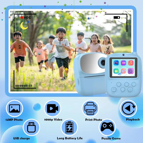 Miniatura 3 de Cámara de Niños con Impresión Instantánea para Niños, Cámara Instantánea con Espejo, Cámara Digital Selfie HD de Doble Lente con 3 Rollos de Papel