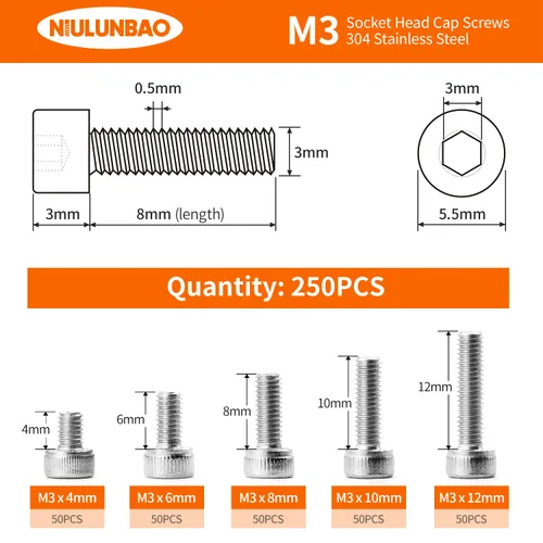 Miniatura 2 de Tornillos de cabeza hexagonal M3 x 0.157 in, 0.236 in, 0.315 in, 0.394 in, 0.472 in, acero inoxidable 304, máquina métrica totalmente roscada