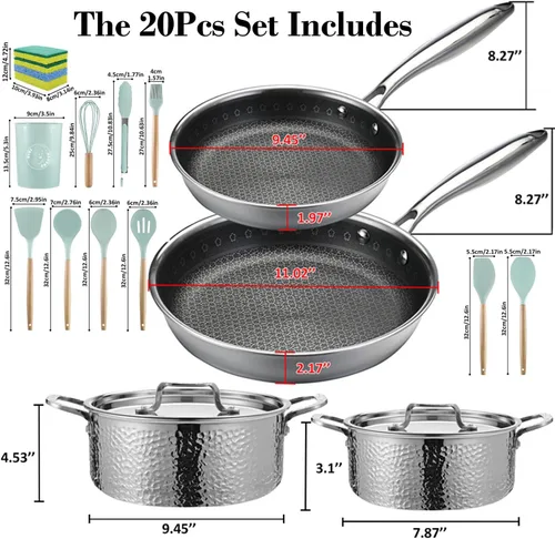 Miniatura 3 de Vivicreate Juego de 20 utensilios de cocina de acero inoxidable de tres capas, ollas y sartenes martilladas con 2 sartenes antiadherentes y 2 ollas