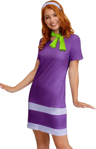 Miniatura 5 de For G and PL Disfraz de Halloween de manga corta para mujer, minivestido morado con bufanda y diadema
