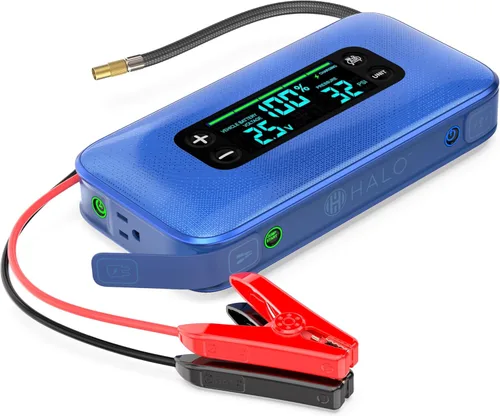 Miniatura 8 de HALO Bolt Ultimate 3 arrancador de batería de auto portátil Compresor de aire de 130 PSI, banco de energía USB de 55.5Wh, pantalla grande, faro