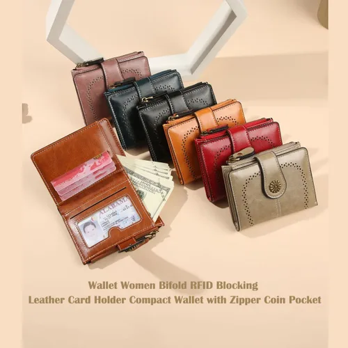 Miniatura 7 de Billetera para mujer, plegable, con bloqueo RFID, de cuero, tarjetero compacto con bolsillo para monedas con cremallera, Rosa, Cartera de cuero