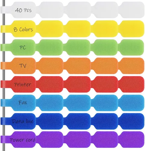 Hianjoo - 40 etiquetas autoadhesivas para cables de colores, etiquetas de identificación de alambre reutilizables para organizar cables, 8 colores,